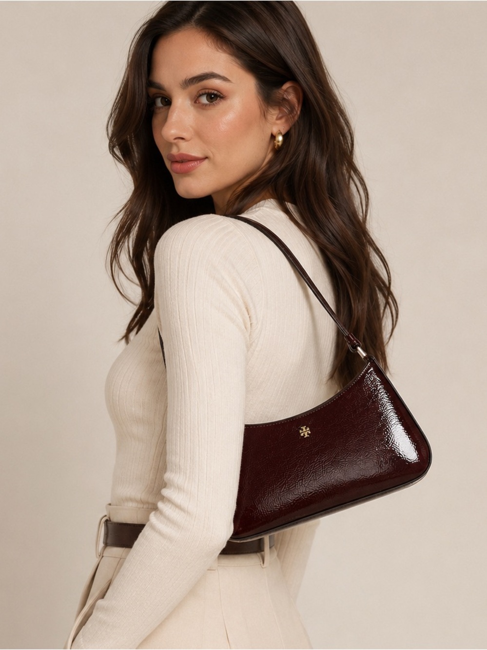 Tory Burch Burgundy Oxblood Textured Patent Shoulder Bag NWT
